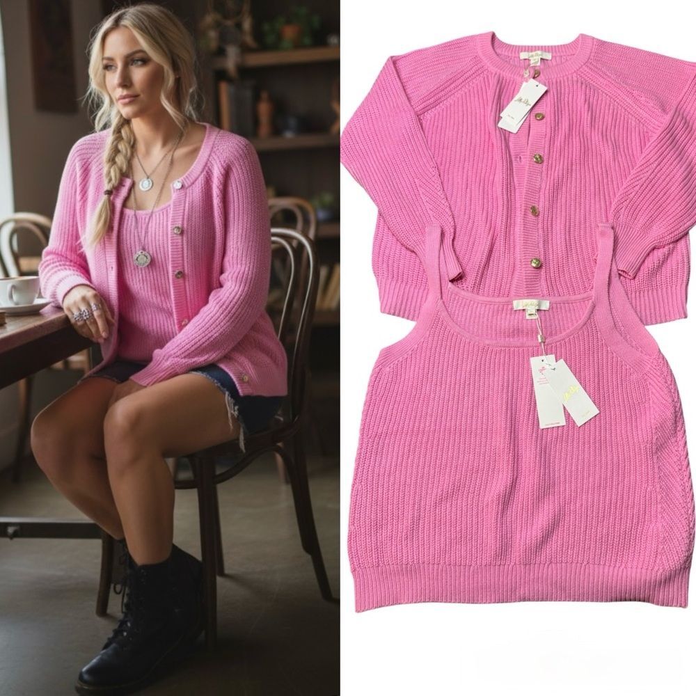 Lilly Pulitzer Bristow Ribbed Cardigan & Matching Tank Set In Pink Bliss NWT XL